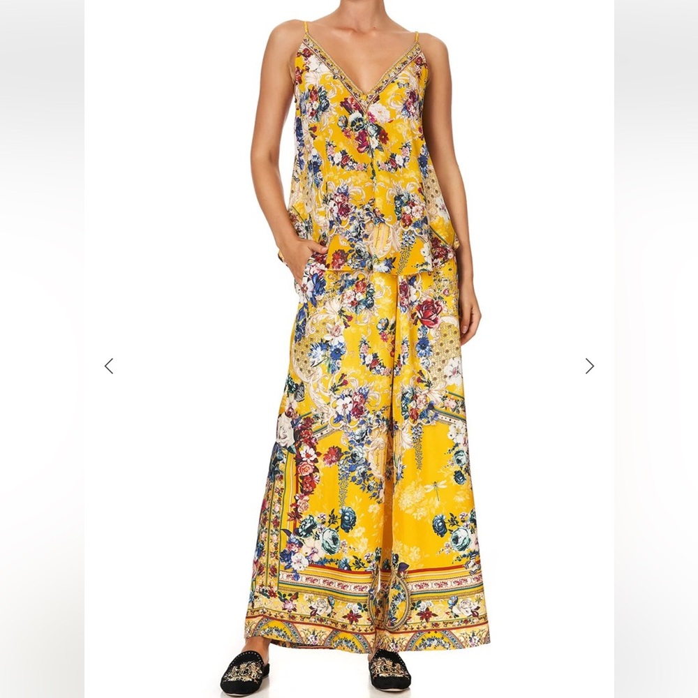 Camilla Yellow 100% Silk  Floral Wide Leg Pant size Small - Picture 3 of 10